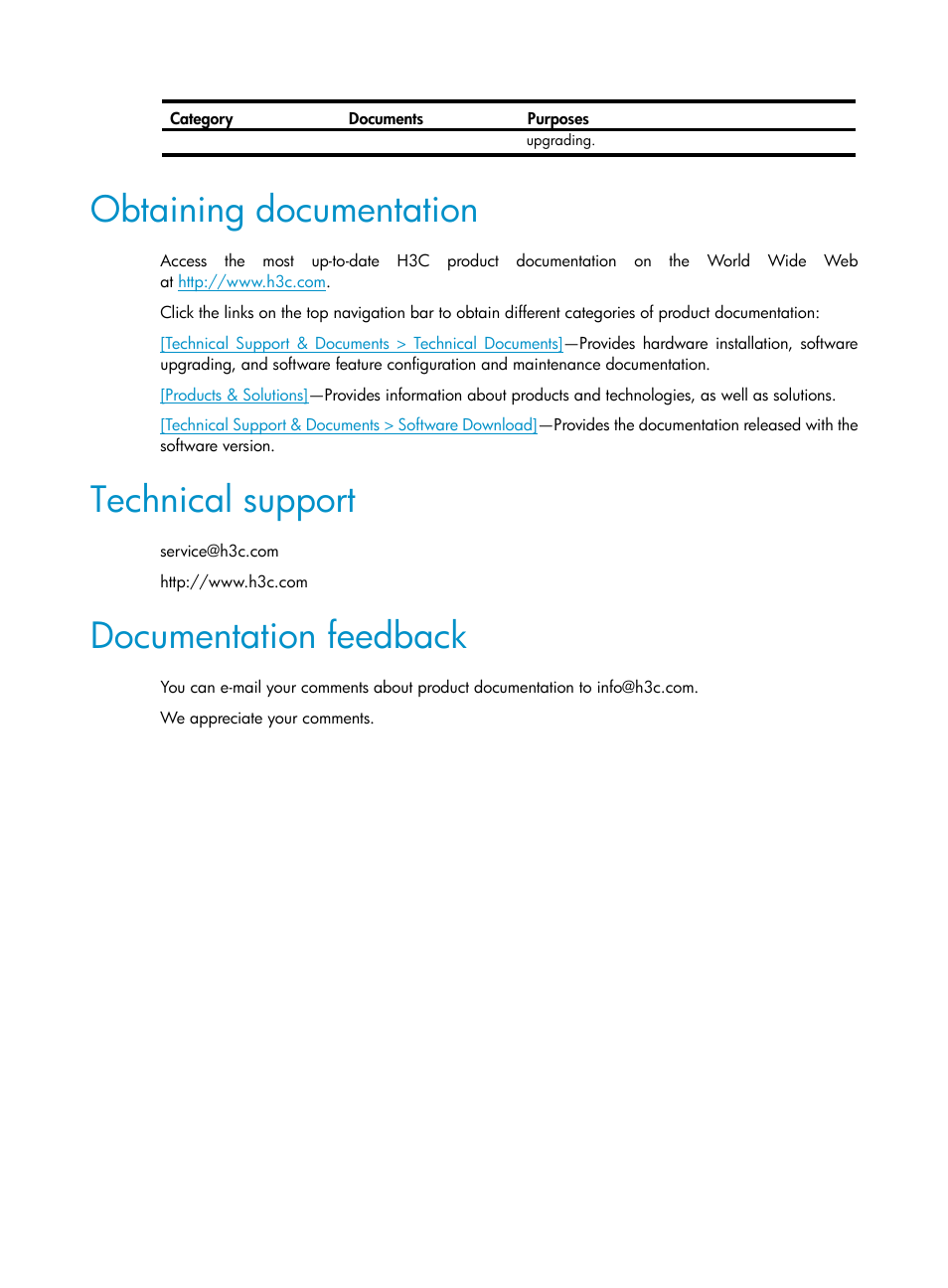 Obtaining documentation, Technical support, Documentation feedback | H3C Technologies H3C S12500 Series Switches User Manual | Page 6 / 237