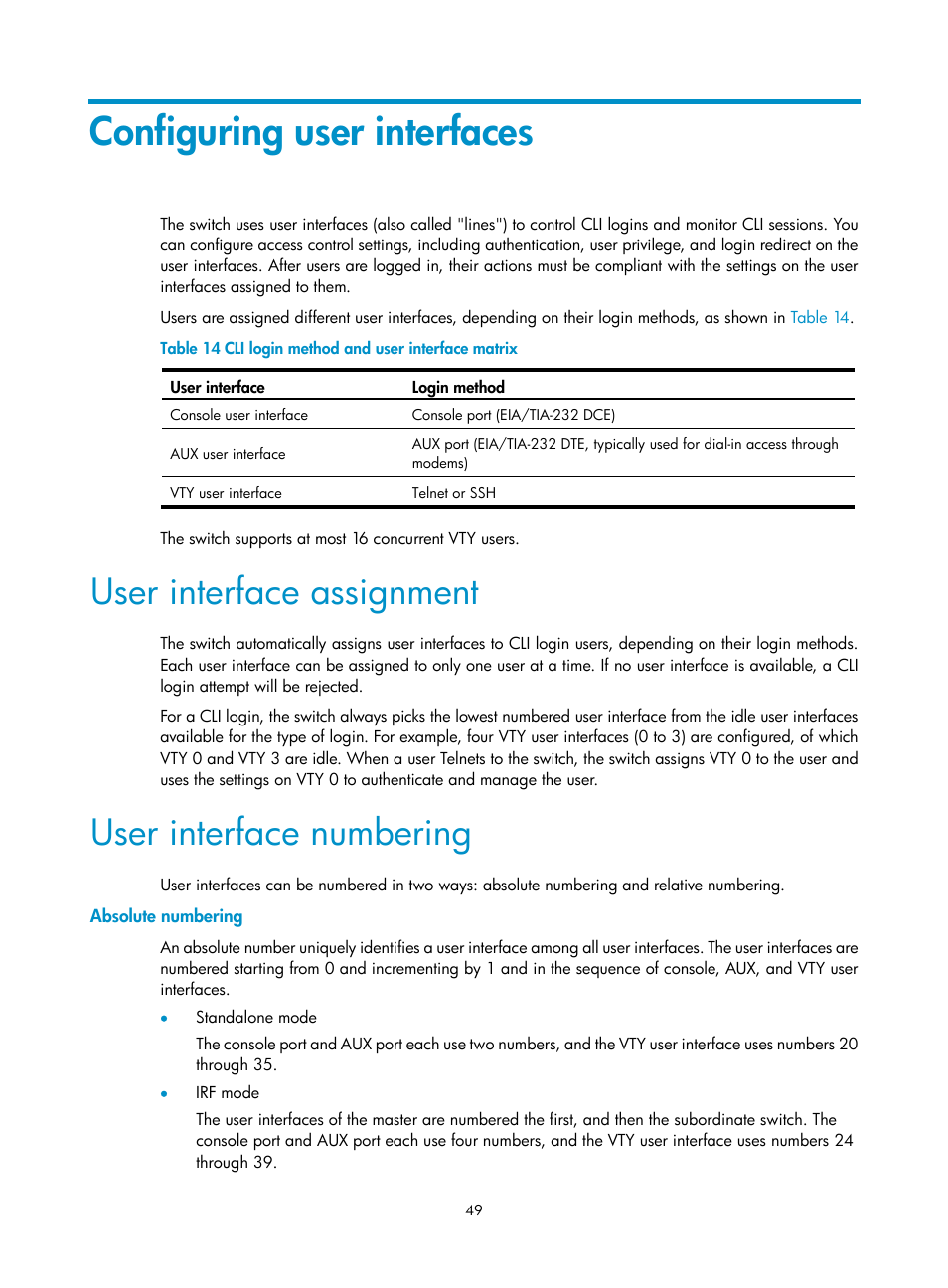 Configuring user interfaces, User interface assignment, User interface numbering | Absolute numbering | H3C Technologies H3C S12500 Series Switches User Manual | Page 61 / 237