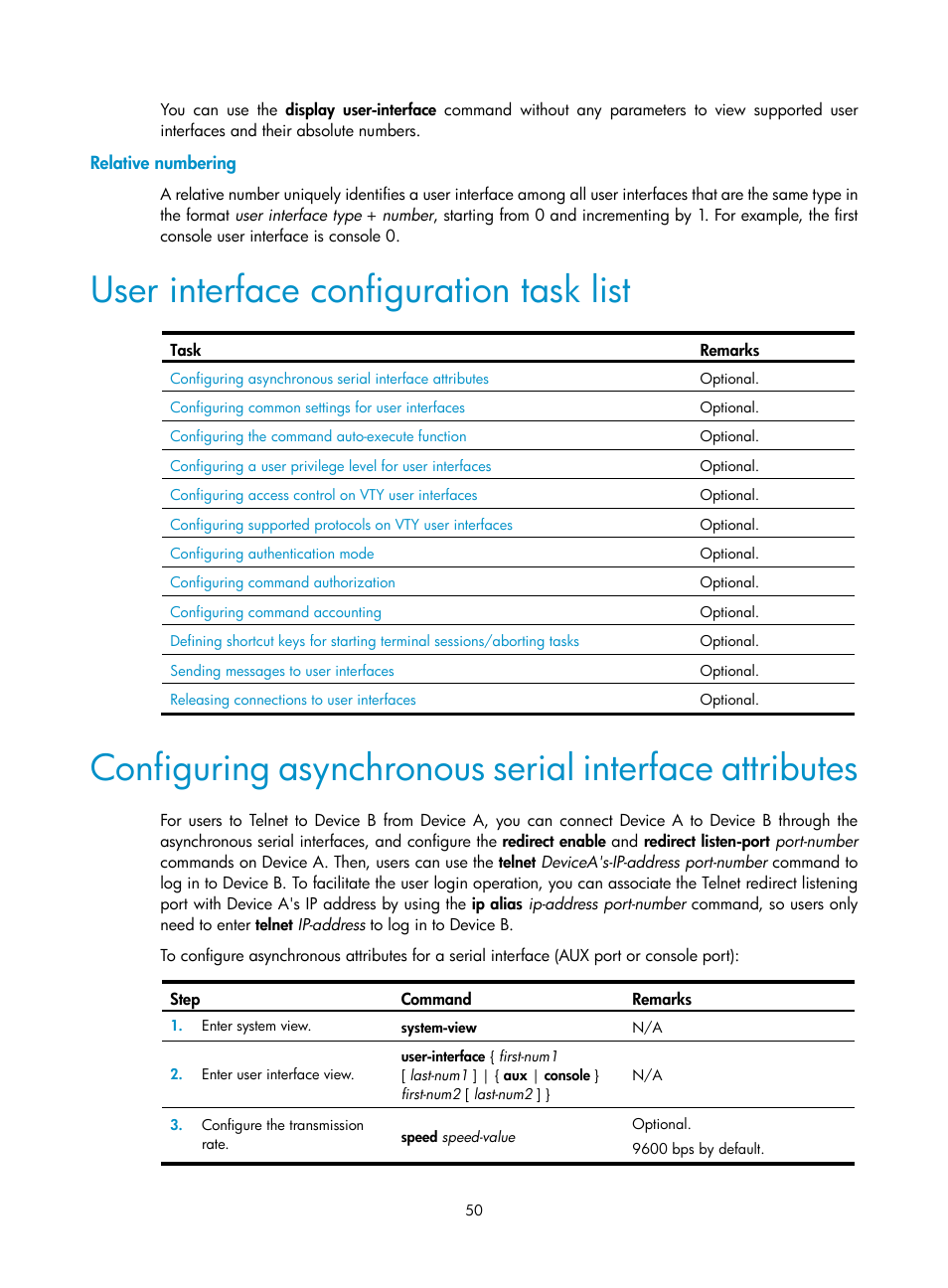 Relative numbering, User interface configuration task list | H3C Technologies H3C S12500 Series Switches User Manual | Page 62 / 237