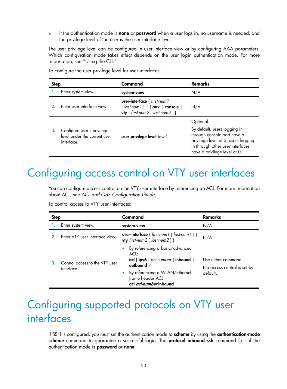 Configuring access control on vty user interfaces | H3C Technologies H3C S12500 Series Switches User Manual | Page 65 / 237