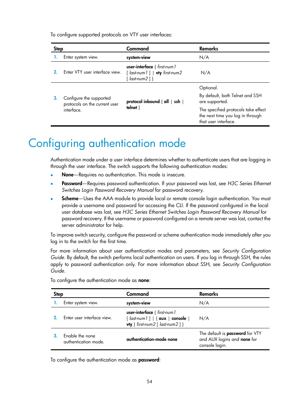 Configuring authentication mode, Ation, see | H3C Technologies H3C S12500 Series Switches User Manual | Page 66 / 237
