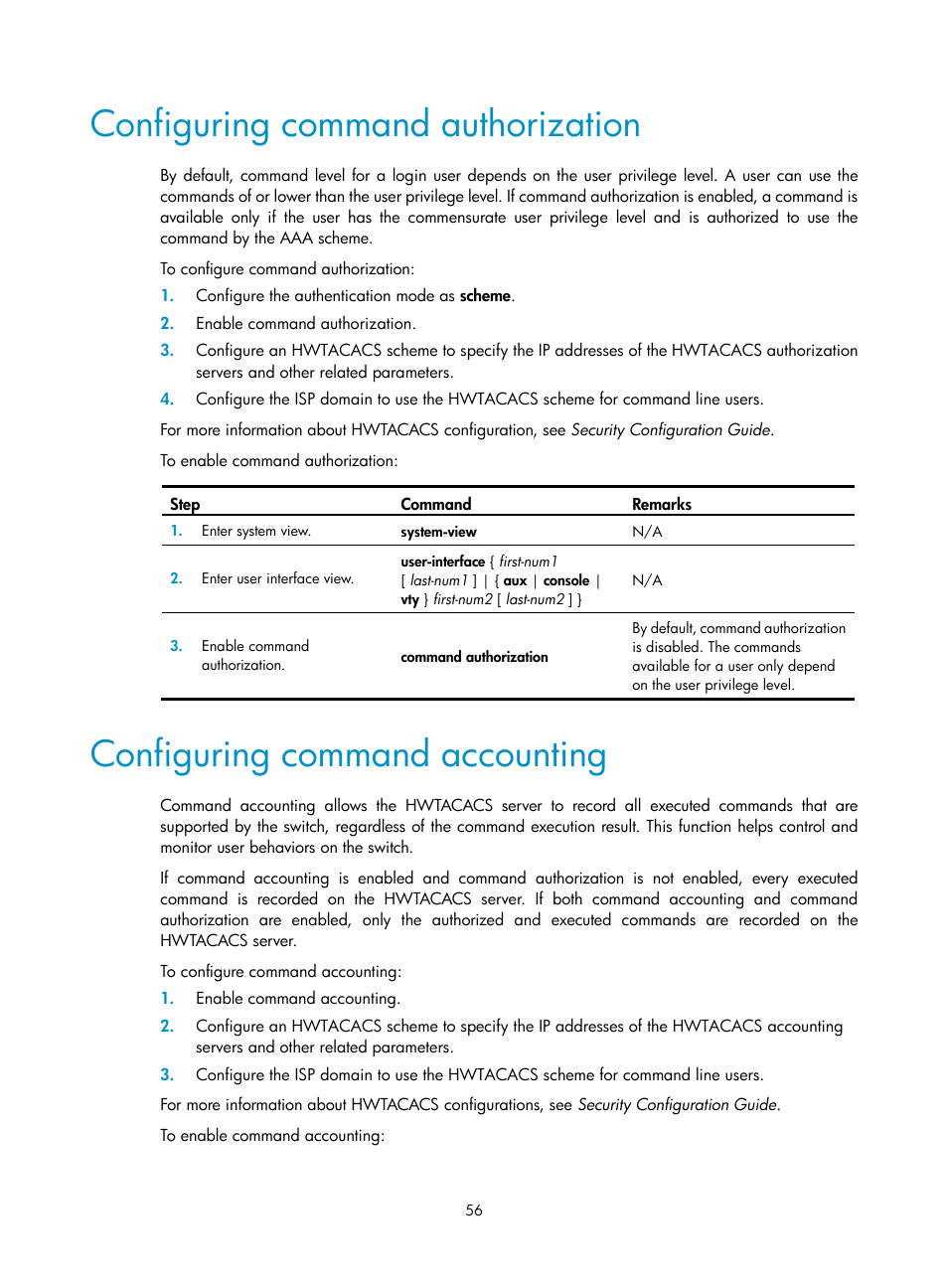 Configuring command authorization, Configuring command accounting | H3C Technologies H3C S12500 Series Switches User Manual | Page 68 / 237