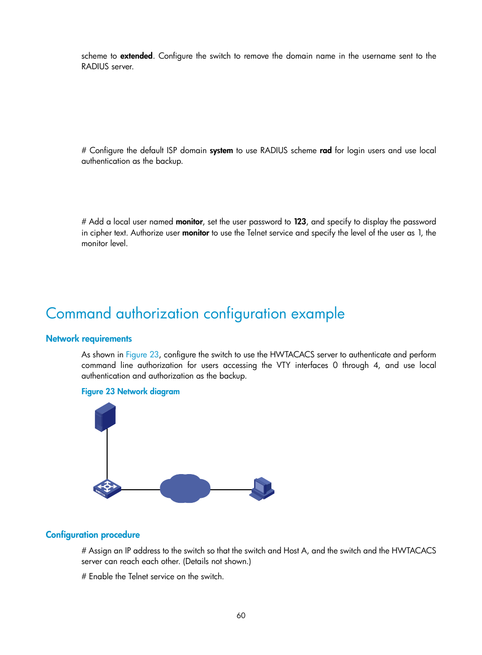 Command authorization configuration example, Network requirements, Configuration procedure | H3C Technologies H3C S12500 Series Switches User Manual | Page 72 / 237