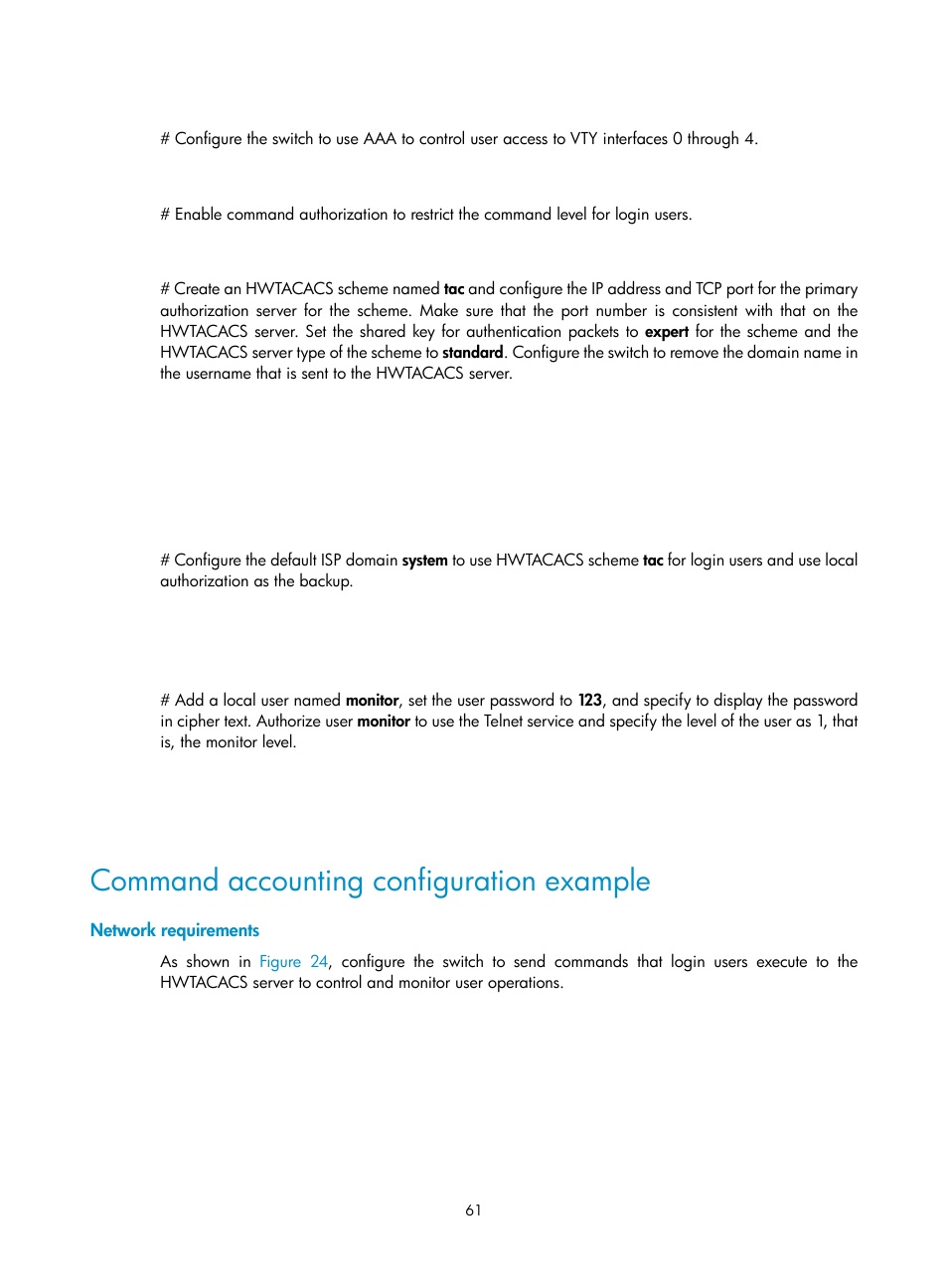 Command accounting configuration example, Network requirements | H3C Technologies H3C S12500 Series Switches User Manual | Page 73 / 237
