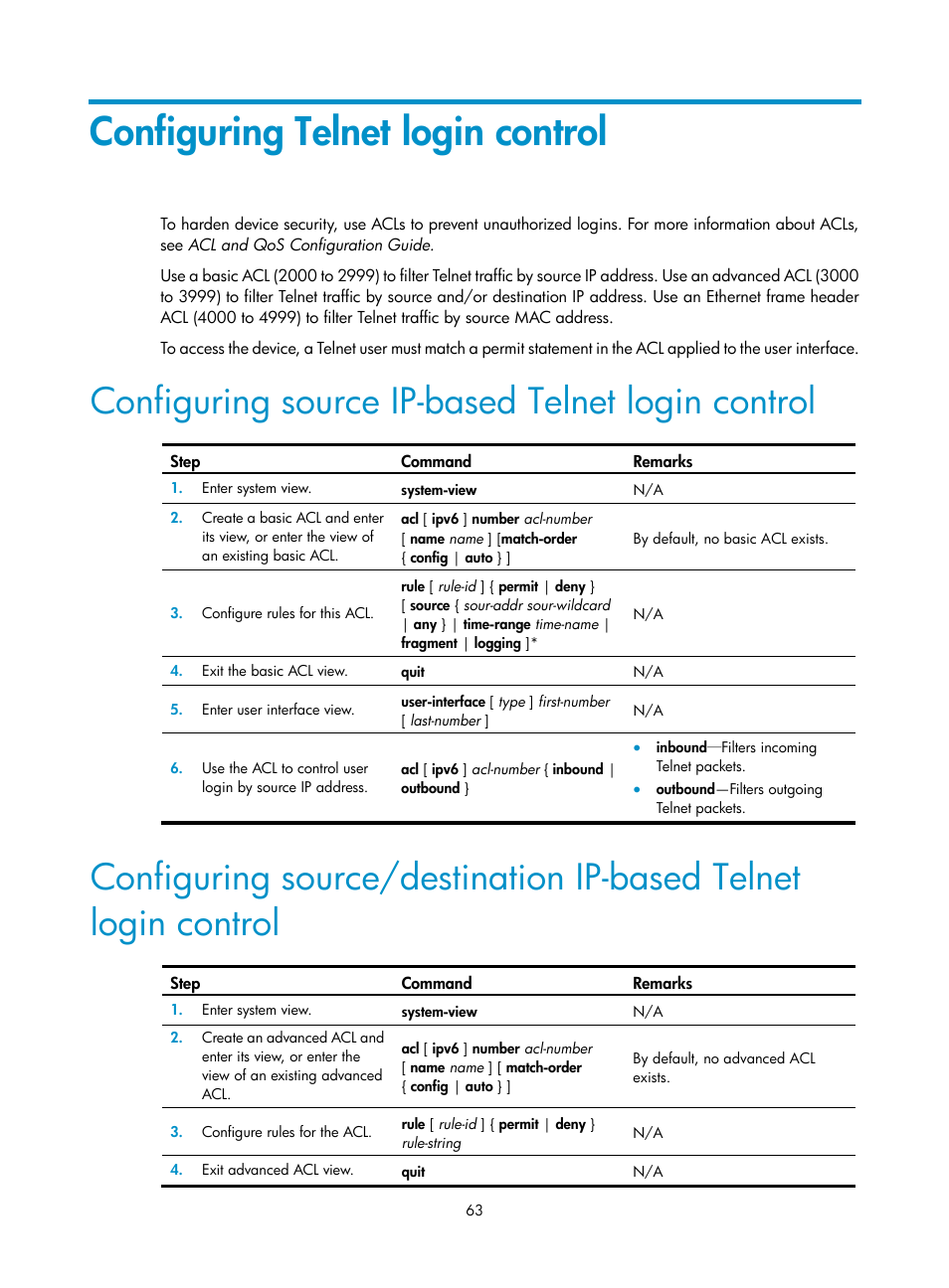 Configuring telnet login control, Configuring source ip-based telnet login control | H3C Technologies H3C S12500 Series Switches User Manual | Page 75 / 237