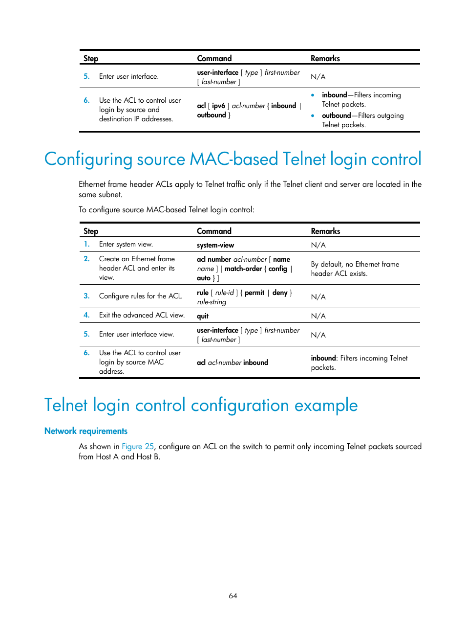 Configuring source mac-based telnet login control, Telnet login control configuration example, Network requirements | H3C Technologies H3C S12500 Series Switches User Manual | Page 76 / 237