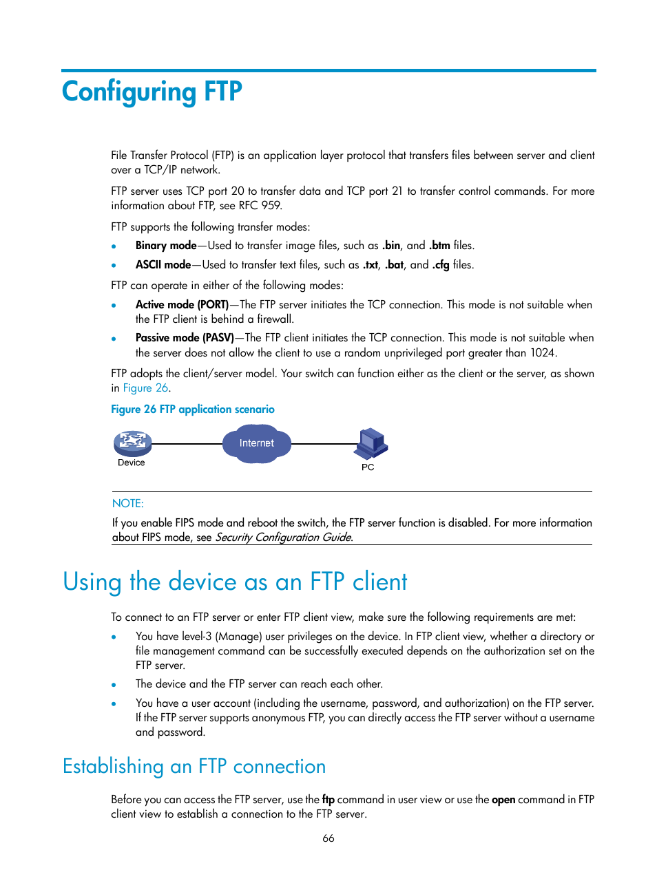 Configuring ftp, Using the device as an ftp client, Establishing an ftp connection | H3C Technologies H3C S12500 Series Switches User Manual | Page 78 / 237