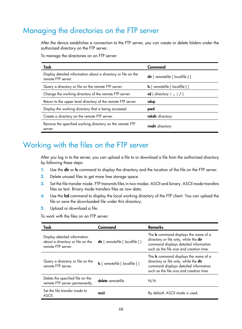 Managing the directories on the ftp server, Working with the files on the ftp server | H3C Technologies H3C S12500 Series Switches User Manual | Page 80 / 237