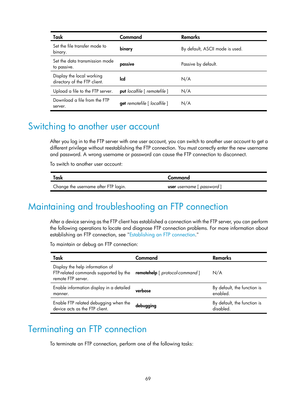 Switching to another user account, Maintaining and troubleshooting an ftp connection, Terminating an ftp connection | H3C Technologies H3C S12500 Series Switches User Manual | Page 81 / 237