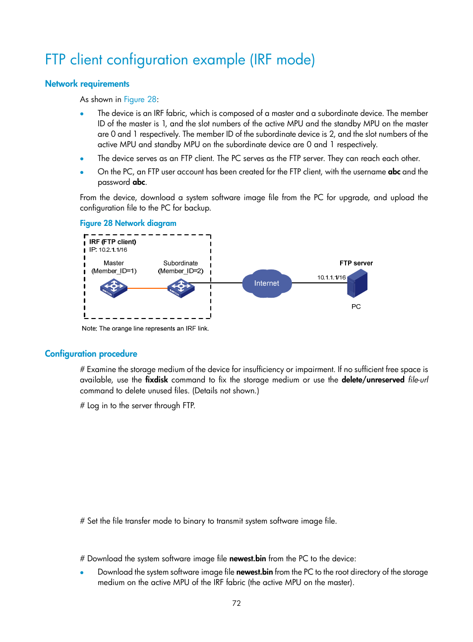 Ftp client configuration example (irf mode), Network requirements, Configuration procedure | H3C Technologies H3C S12500 Series Switches User Manual | Page 84 / 237