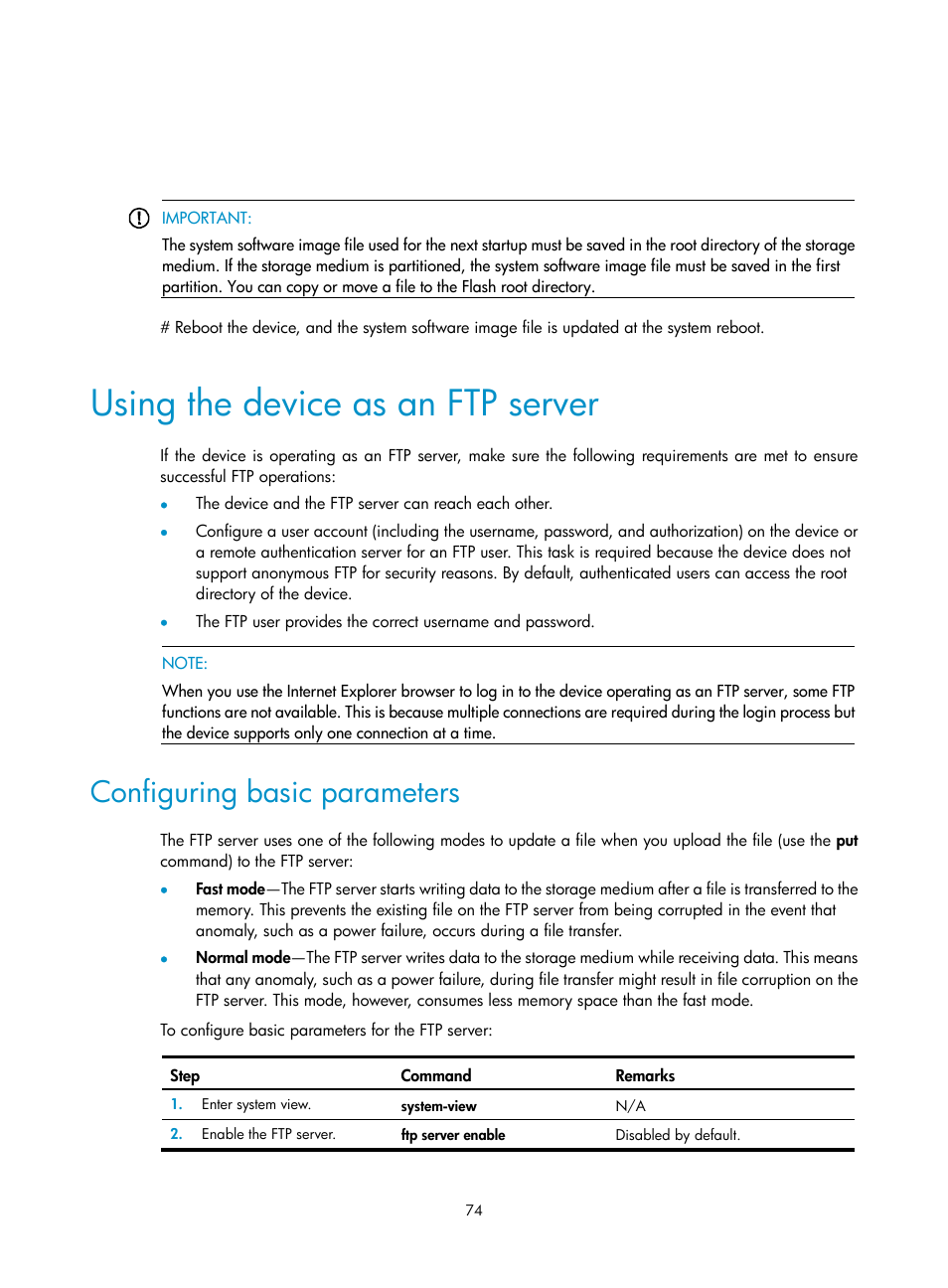 Using the device as an ftp server, Configuring basic parameters | H3C Technologies H3C S12500 Series Switches User Manual | Page 86 / 237