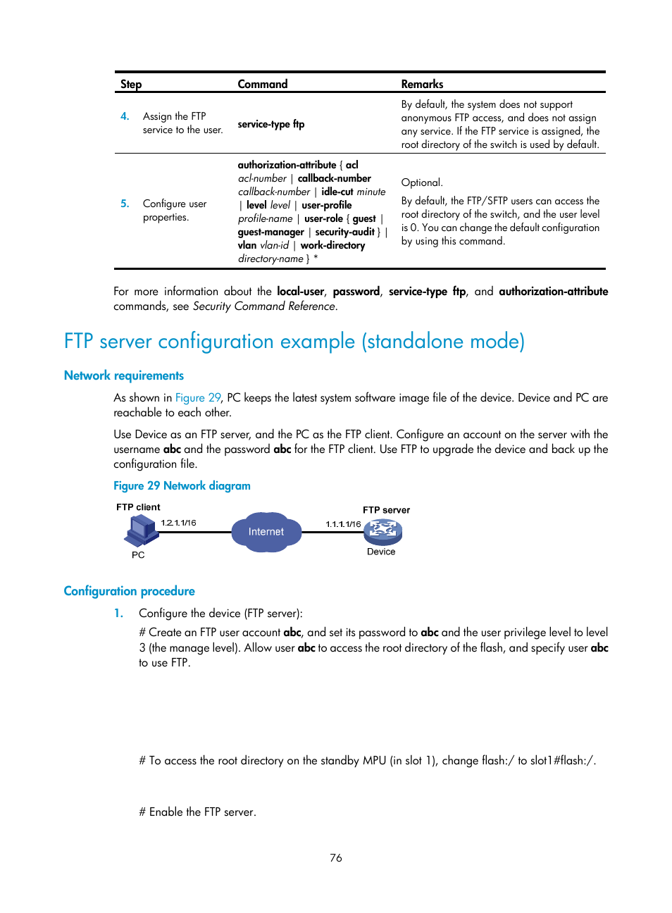Ftp server configuration example (standalone mode), Network requirements, Configuration procedure | H3C Technologies H3C S12500 Series Switches User Manual | Page 88 / 237