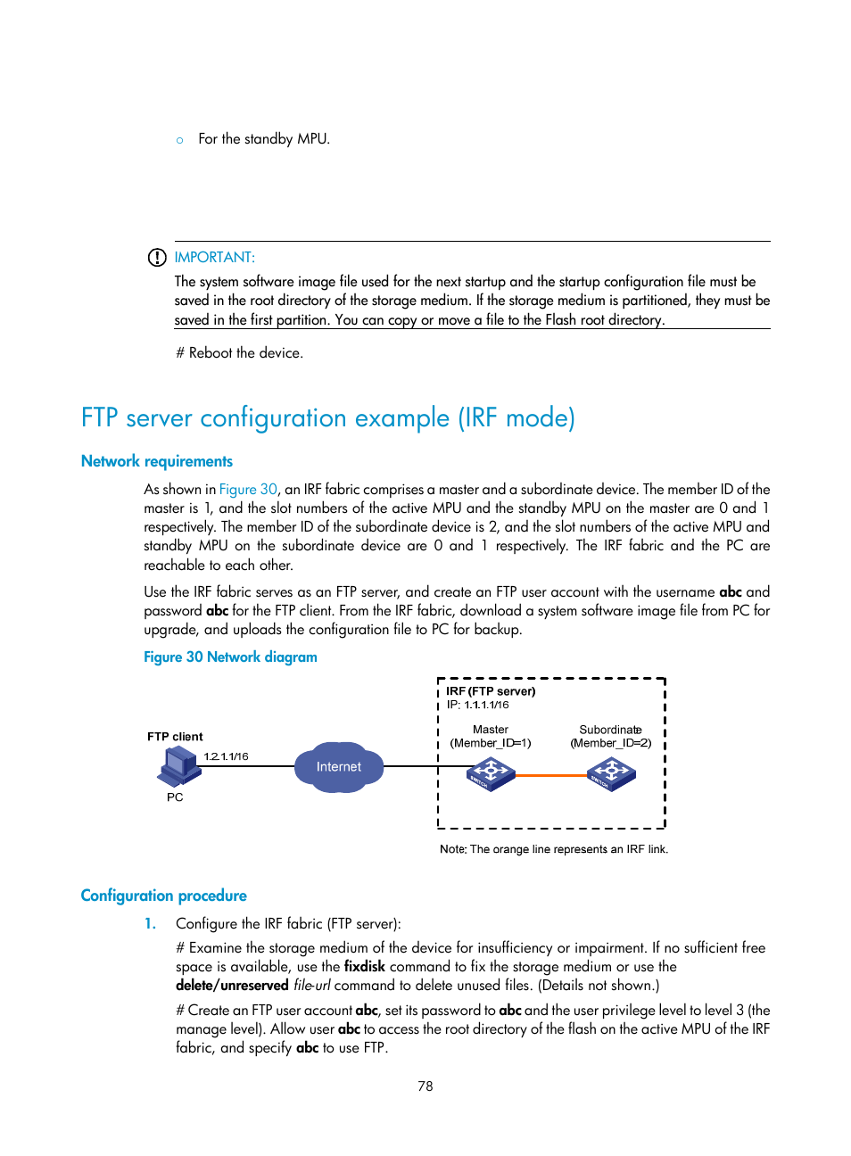 Ftp server configuration example (irf mode), Network requirements, Configuration procedure | H3C Technologies H3C S12500 Series Switches User Manual | Page 90 / 237