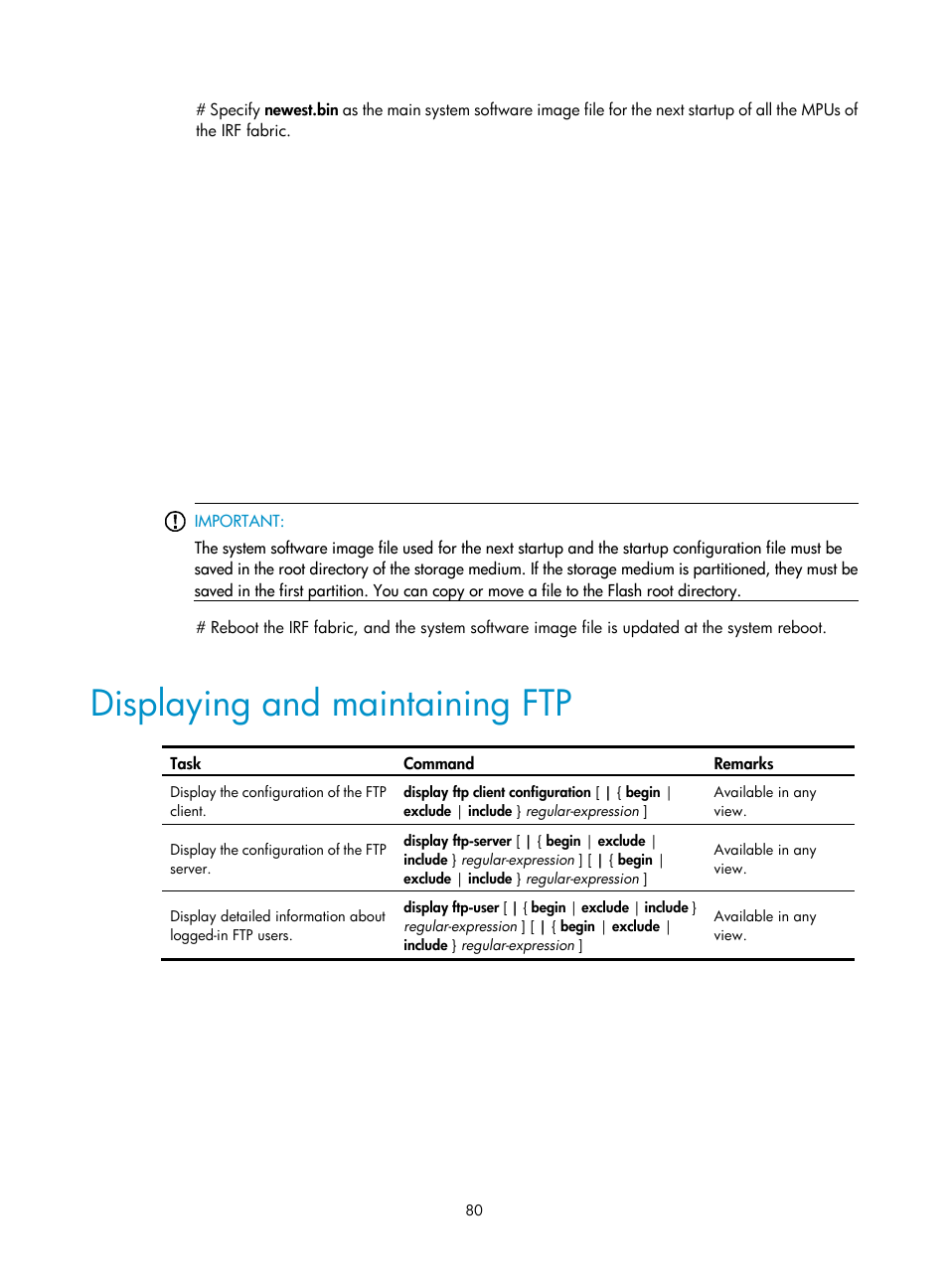 Displaying and maintaining ftp | H3C Technologies H3C S12500 Series Switches User Manual | Page 92 / 237