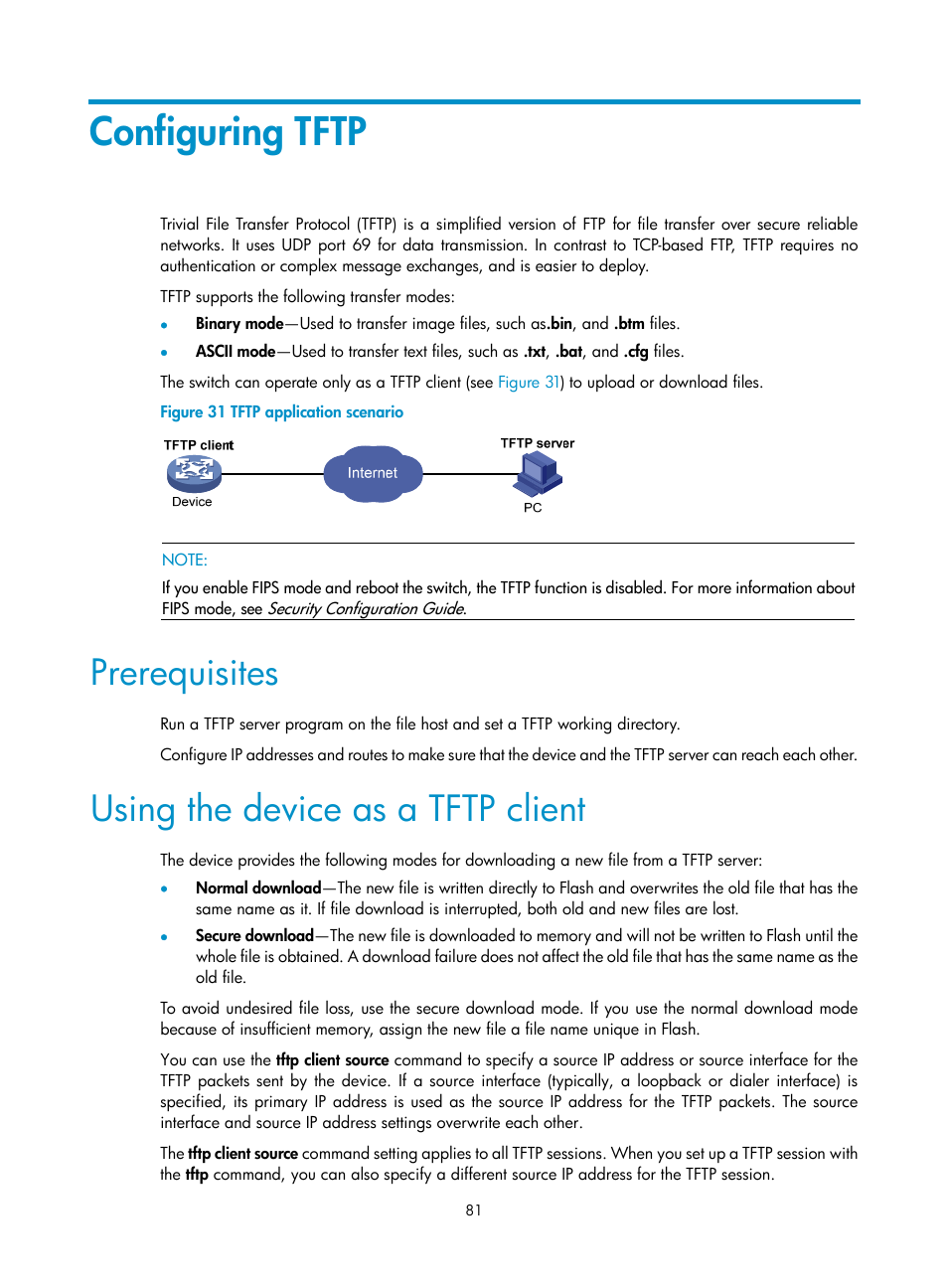 Configuring tftp, Prerequisites, Using the device as a tftp client | H3C Technologies H3C S12500 Series Switches User Manual | Page 93 / 237