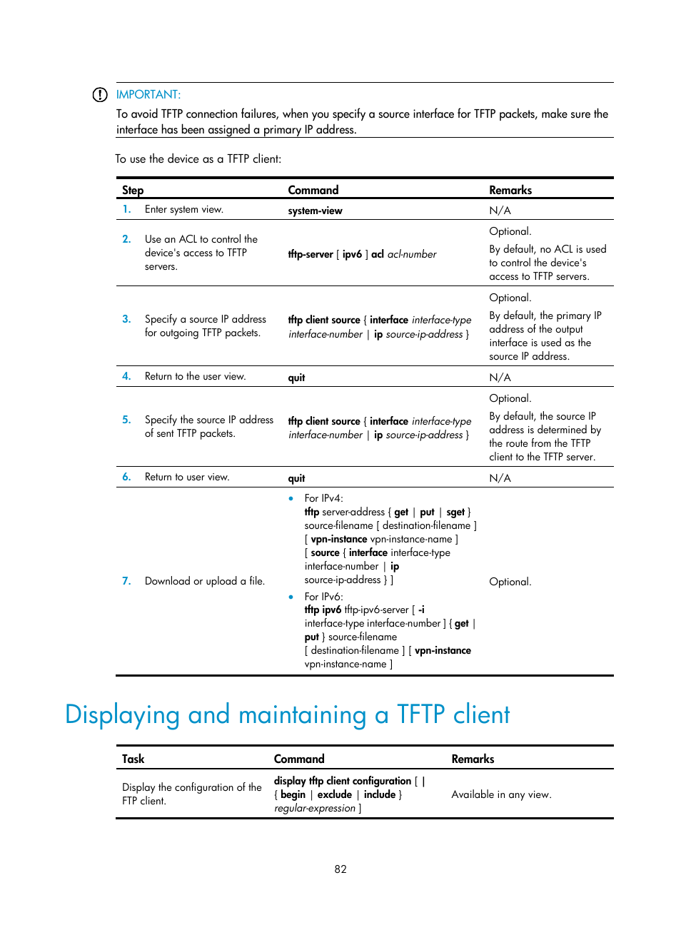 Displaying and maintaining a tftp client | H3C Technologies H3C S12500 Series Switches User Manual | Page 94 / 237