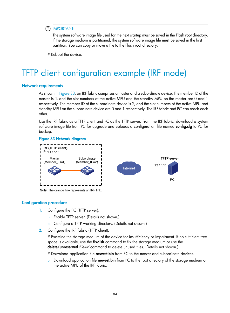 Tftp client configuration example (irf mode), Network requirements, Configuration procedure | H3C Technologies H3C S12500 Series Switches User Manual | Page 96 / 237
