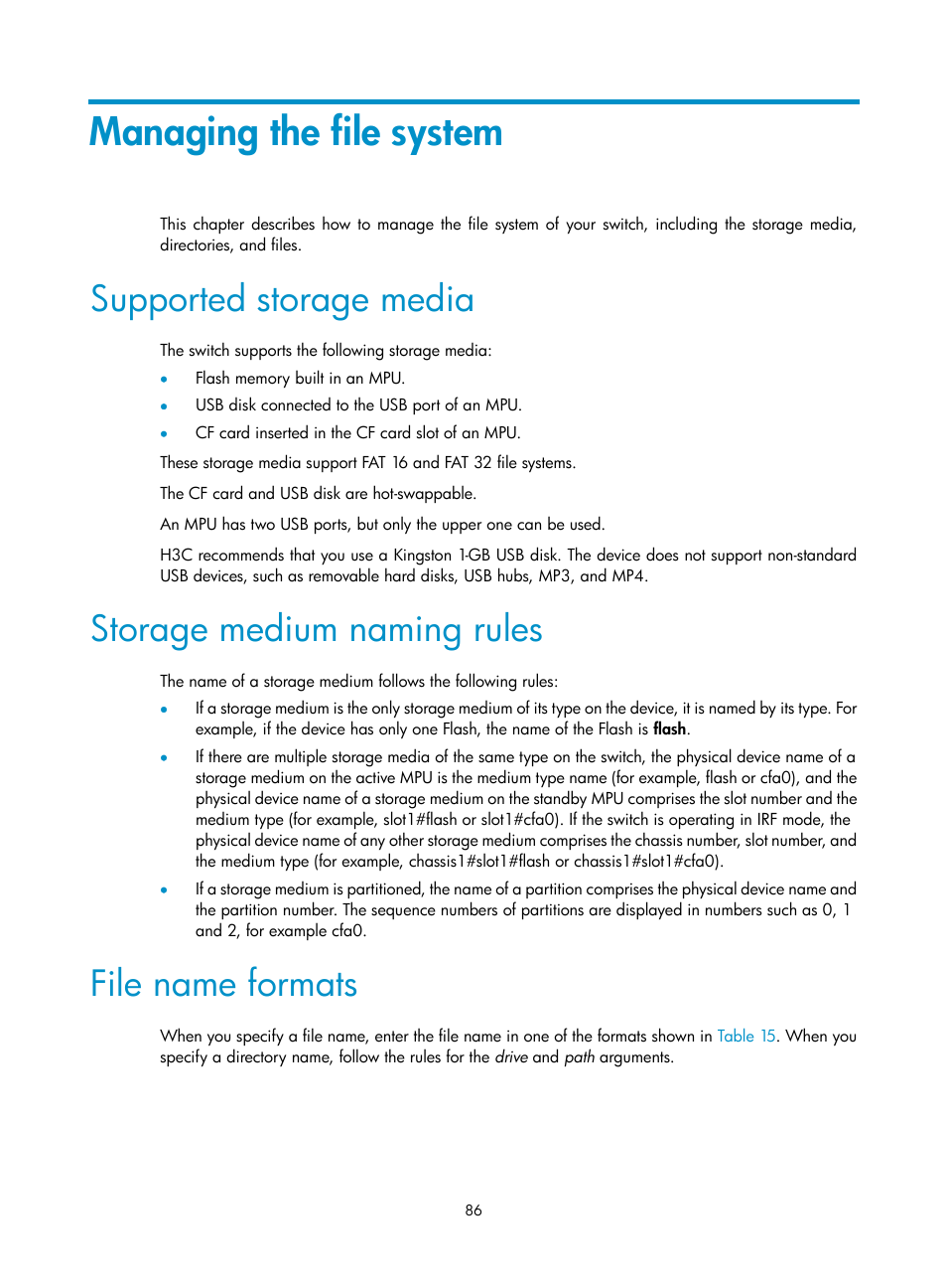 Managing the file system, Supported storage media, Storage medium naming rules | File name formats | H3C Technologies H3C S12500 Series Switches User Manual | Page 98 / 237