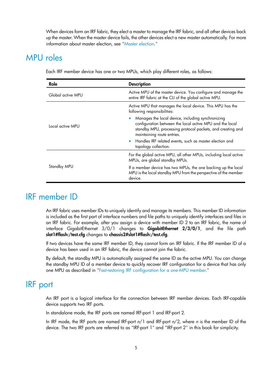 Mpu roles, Irf member id, Irf port | H3C Technologies H3C S12500 Series Switches User Manual | Page 13 / 64