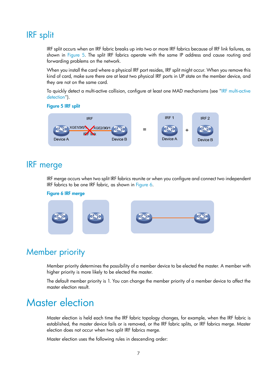 Irf split, Irf merge, Member priority | Master election | H3C Technologies H3C S12500 Series Switches User Manual | Page 15 / 64