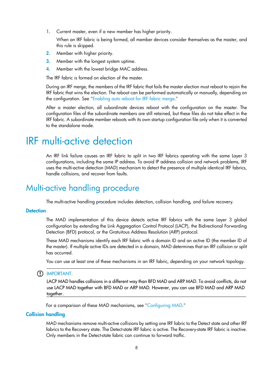 Irf multi-active detection, Multi-active handling procedure, Detection | Collision handling, Irf multi-active | H3C Technologies H3C S12500 Series Switches User Manual | Page 16 / 64