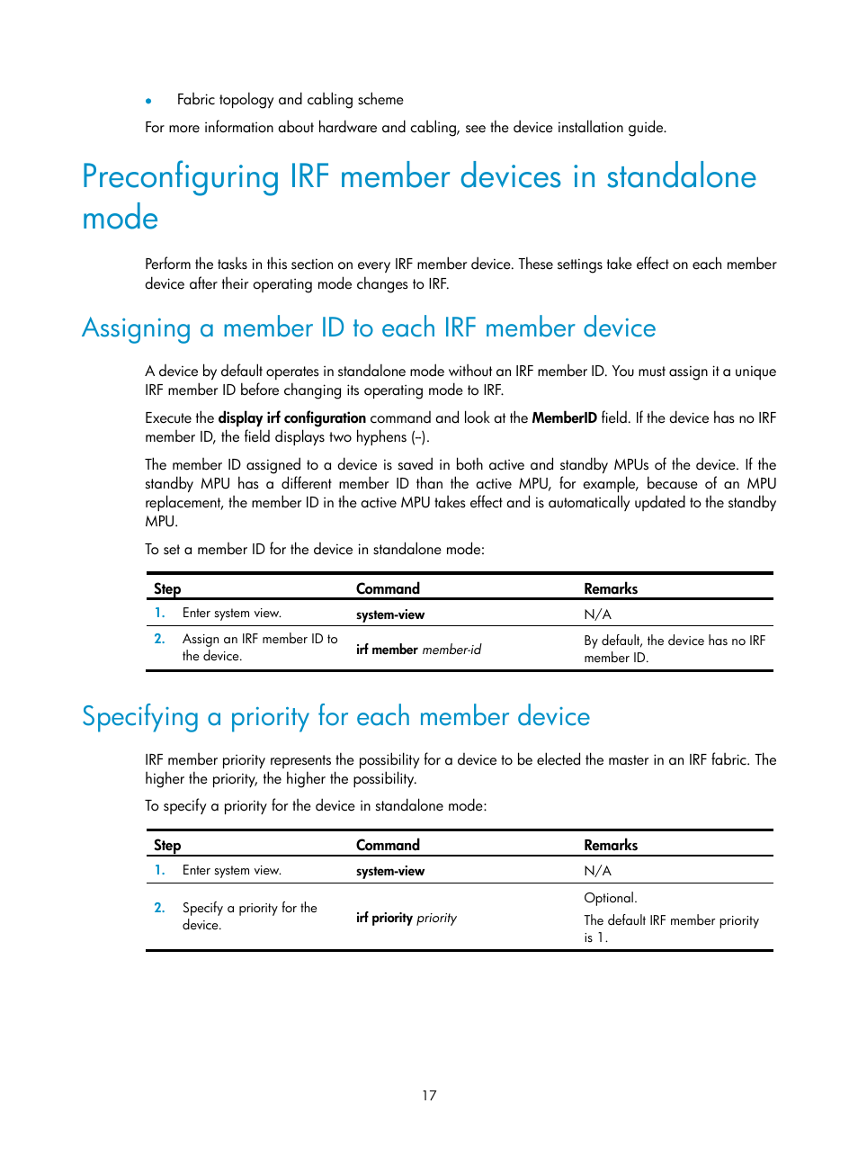 Assigning a member id to each irf member device, Specifying a priority for each member device | H3C Technologies H3C S12500 Series Switches User Manual | Page 25 / 64