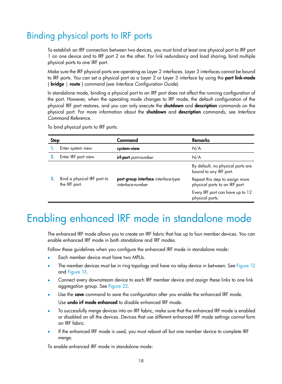 Binding physical ports to irf ports, Enabling enhanced irf mode in standalone mode, Enabling enhanced irf mode | In standalone mode | H3C Technologies H3C S12500 Series Switches User Manual | Page 26 / 64