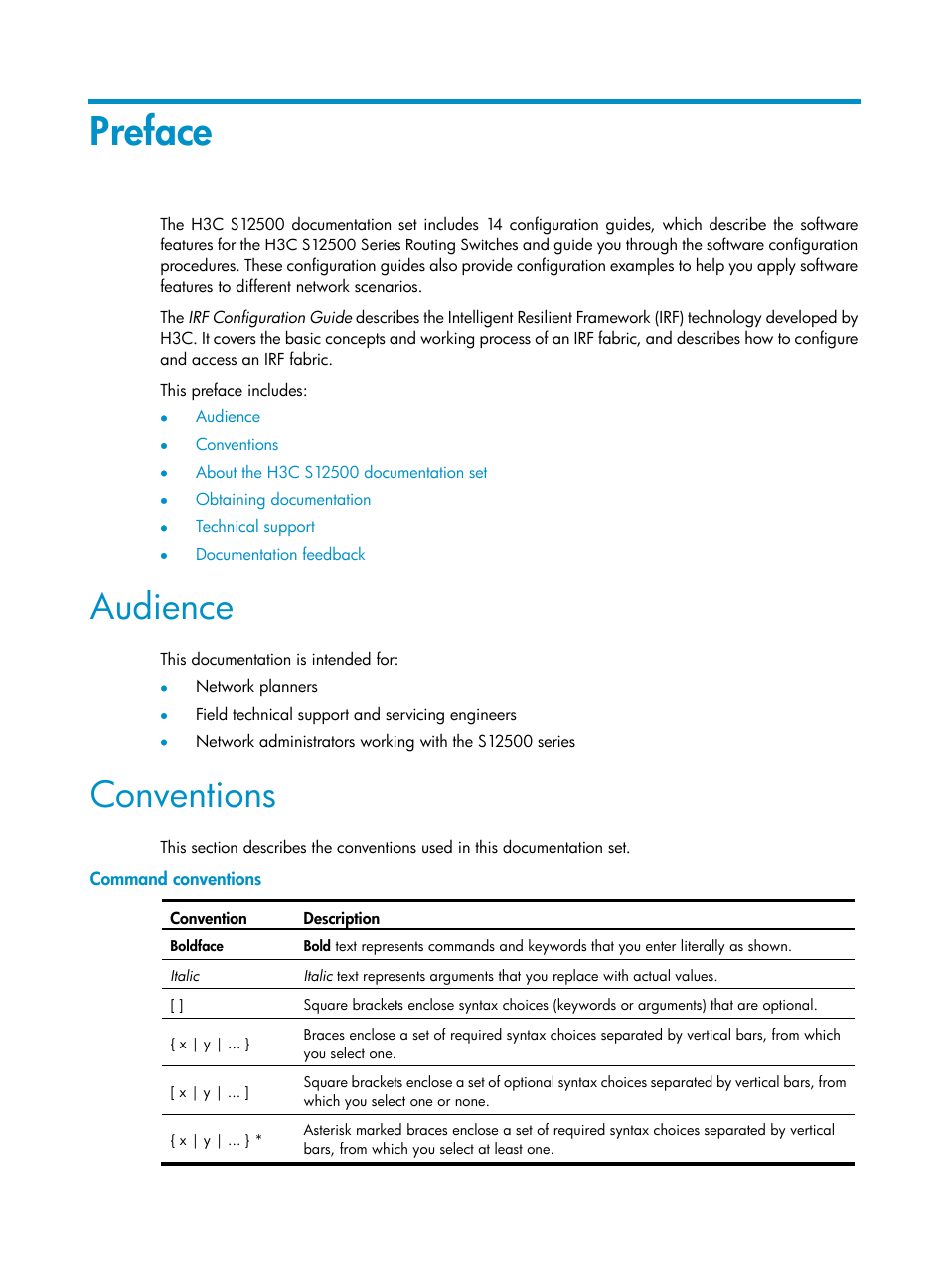 Preface, Audience, Conventions | Command conventions | H3C Technologies H3C S12500 Series Switches User Manual | Page 3 / 64