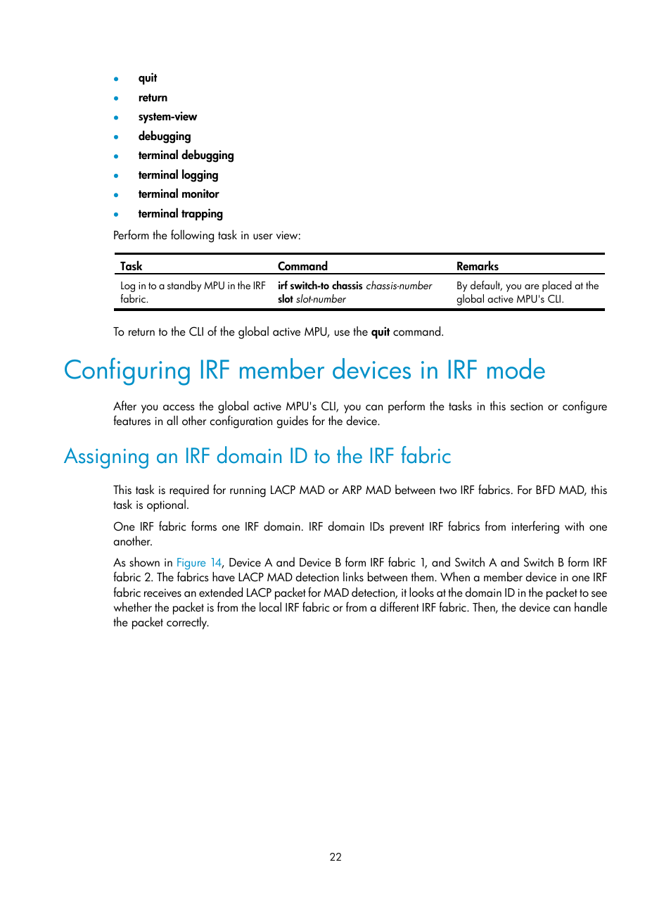Configuring irf member devices in irf mode, Assigning an irf domain id to the irf fabric | H3C Technologies H3C S12500 Series Switches User Manual | Page 30 / 64