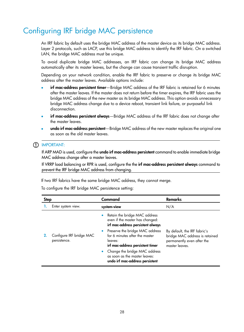 Configuring irf bridge mac persistence | H3C Technologies H3C S12500 Series Switches User Manual | Page 36 / 64