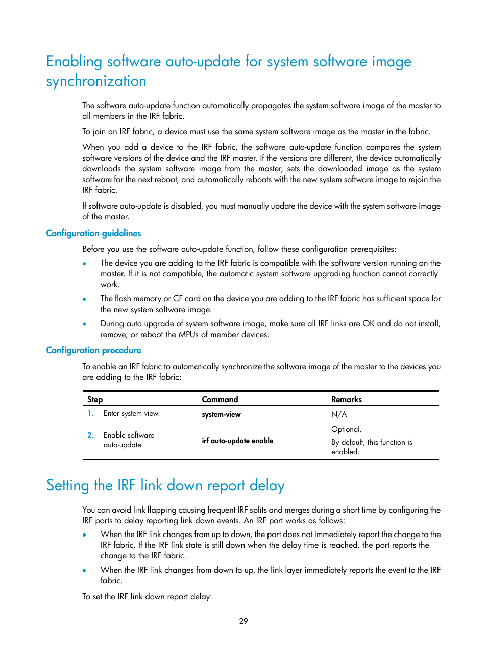 Configuration guidelines, Configuration procedure, Setting the irf link down report delay | Synchronization | H3C Technologies H3C S12500 Series Switches User Manual | Page 37 / 64