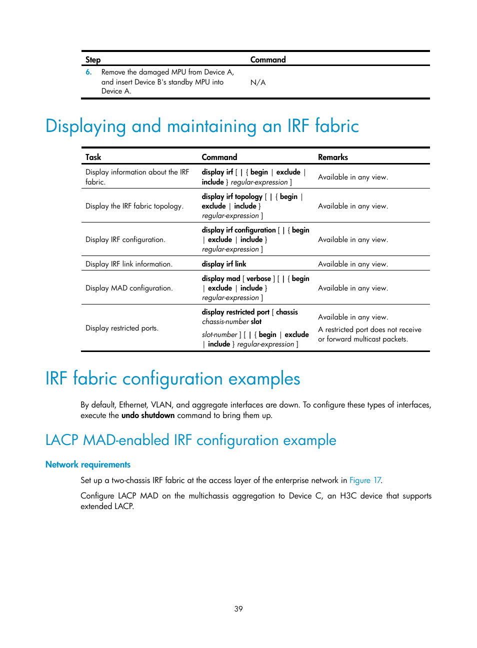 Displaying and maintaining an irf fabric, Irf fabric configuration examples, Lacp mad-enabled irf configuration example | Network requirements | H3C Technologies H3C S12500 Series Switches User Manual | Page 47 / 64