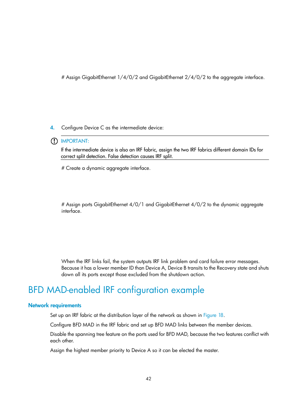 Bfd mad-enabled irf configuration example, Network requirements | H3C Technologies H3C S12500 Series Switches User Manual | Page 50 / 64