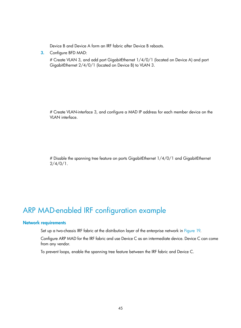 Arp mad-enabled irf configuration example, Network requirements | H3C Technologies H3C S12500 Series Switches User Manual | Page 53 / 64