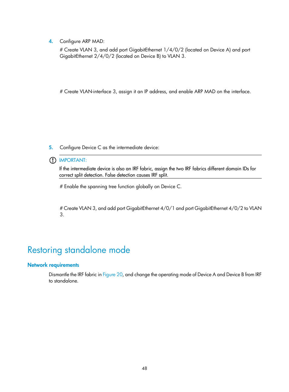 Restoring standalone mode, Network requirements | H3C Technologies H3C S12500 Series Switches User Manual | Page 56 / 64