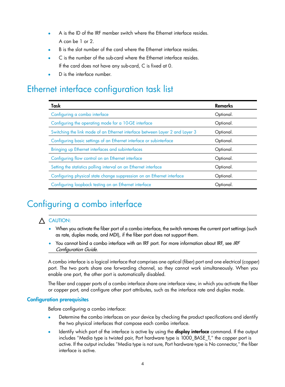 Ethernet interface configuration task list, Configuring a combo interface, Configuration prerequisites | H3C Technologies H3C S12500 Series Switches User Manual | Page 12 / 36