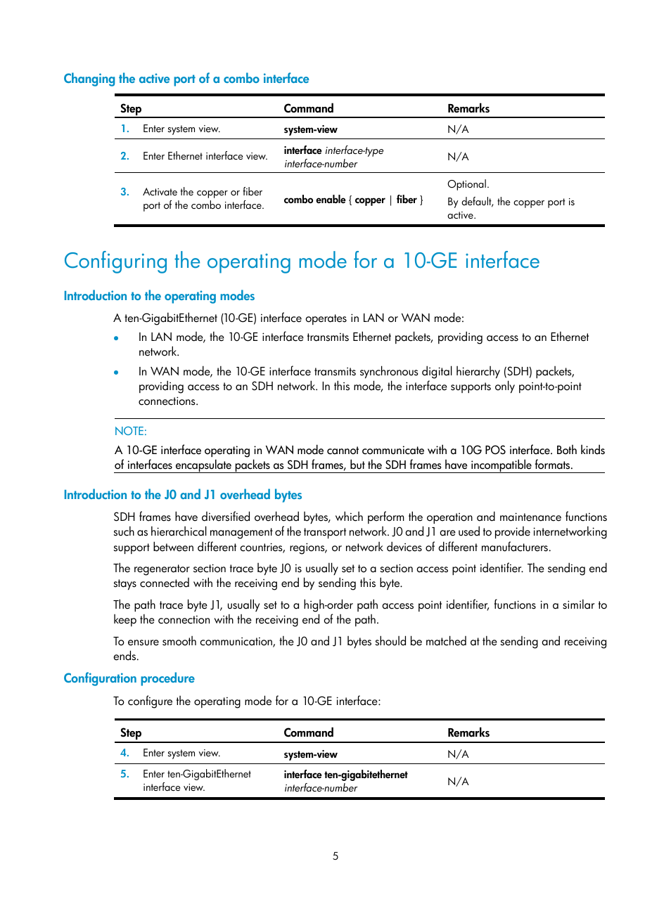 Changing the active port of a combo interface, Introduction to the operating modes, Introduction to the j0 and j1 overhead bytes | Configuration procedure | H3C Technologies H3C S12500 Series Switches User Manual | Page 13 / 36