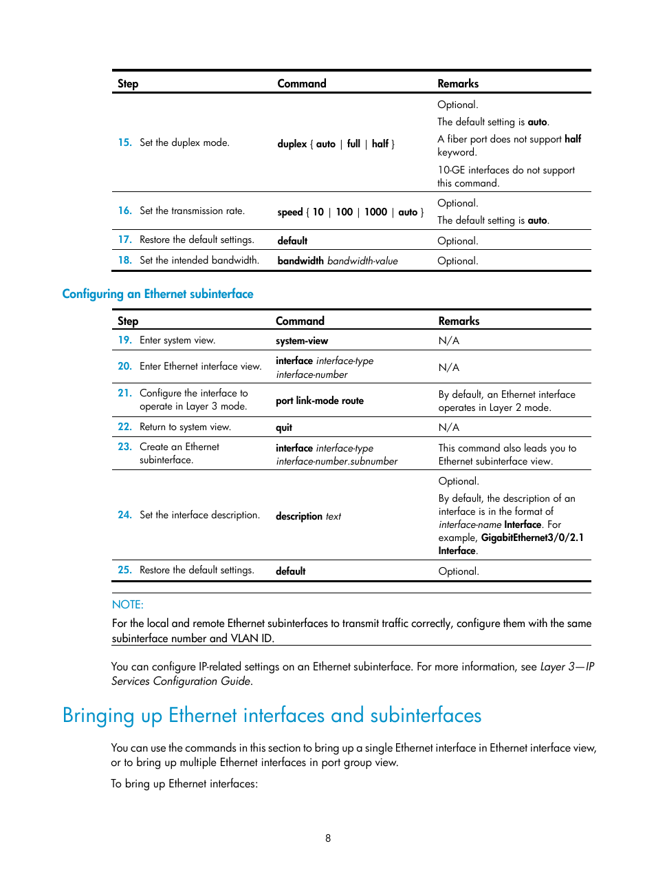 Configuring an ethernet subinterface, Bringing up ethernet interfaces and subinterfaces | H3C Technologies H3C S12500 Series Switches User Manual | Page 16 / 36