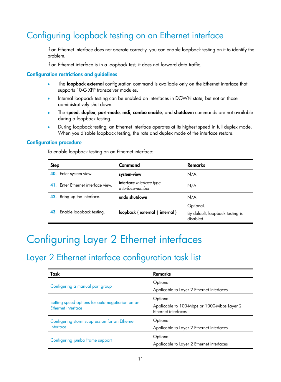 Configuration restrictions and guidelines, Configuration procedure, Configuring layer 2 ethernet interfaces | Layer 2 ethernet interface configuration task list | H3C Technologies H3C S12500 Series Switches User Manual | Page 19 / 36