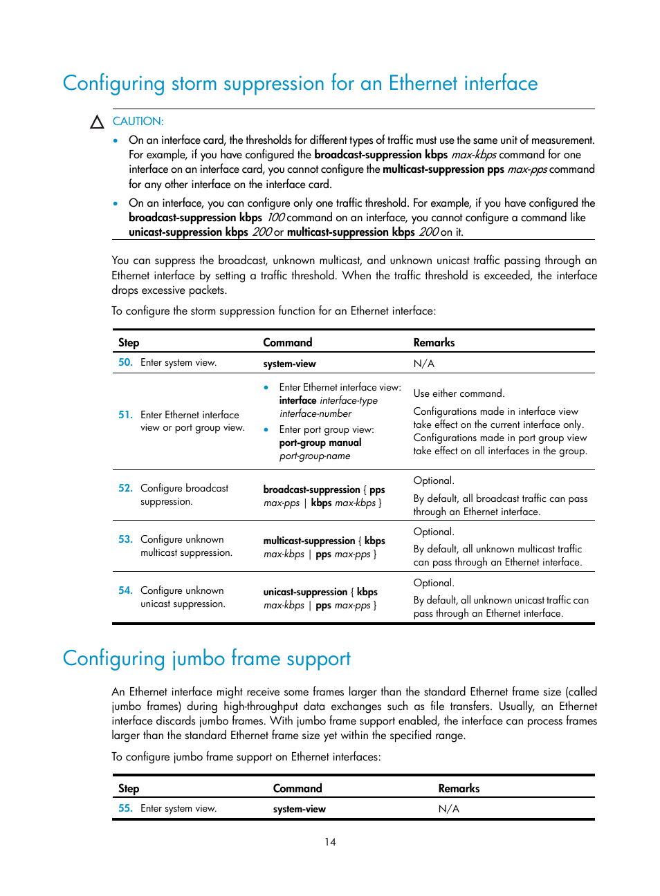 Configuring jumbo frame support, Shold (see, Configuring storm | Suppression for an ethernet interface | H3C Technologies H3C S12500 Series Switches User Manual | Page 22 / 36