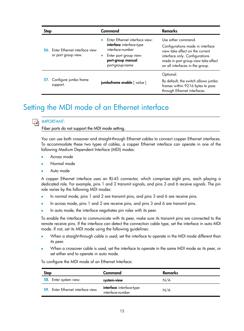 Setting the mdi mode of an ethernet interface | H3C Technologies H3C S12500 Series Switches User Manual | Page 23 / 36