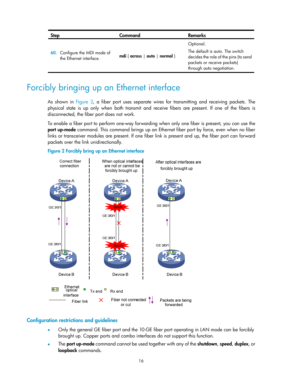 Forcibly bringing up an ethernet interface, Configuration restrictions and guidelines | H3C Technologies H3C S12500 Series Switches User Manual | Page 24 / 36