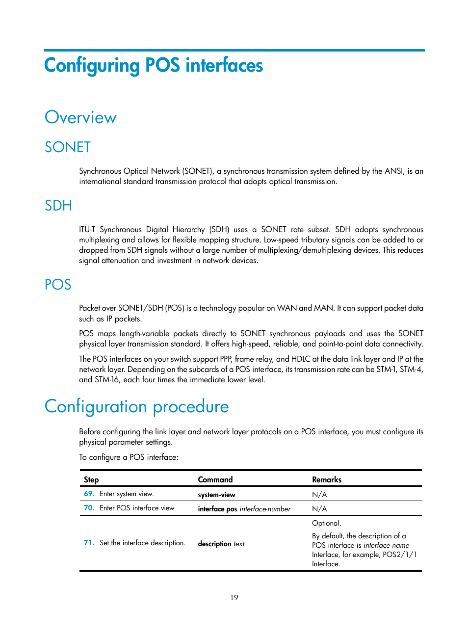 Configuring pos interfaces, Overview, Sonet | Configuration procedure | H3C Technologies H3C S12500 Series Switches User Manual | Page 27 / 36