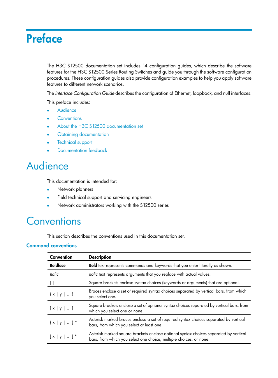 Preface, Audience, Conventions | Command conventions | H3C Technologies H3C S12500 Series Switches User Manual | Page 3 / 36