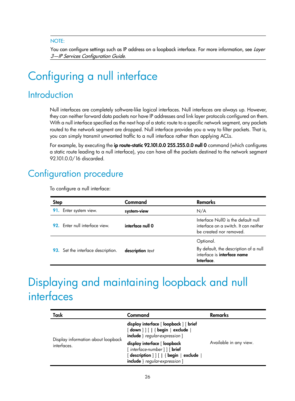 Configuring a null interface, Introduction, Configuration procedure | H3C Technologies H3C S12500 Series Switches User Manual | Page 34 / 36