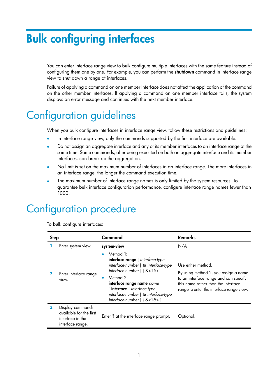 Bulk configuring interfaces, Configuration guidelines, Configuration procedure | H3C Technologies H3C S12500 Series Switches User Manual | Page 9 / 36