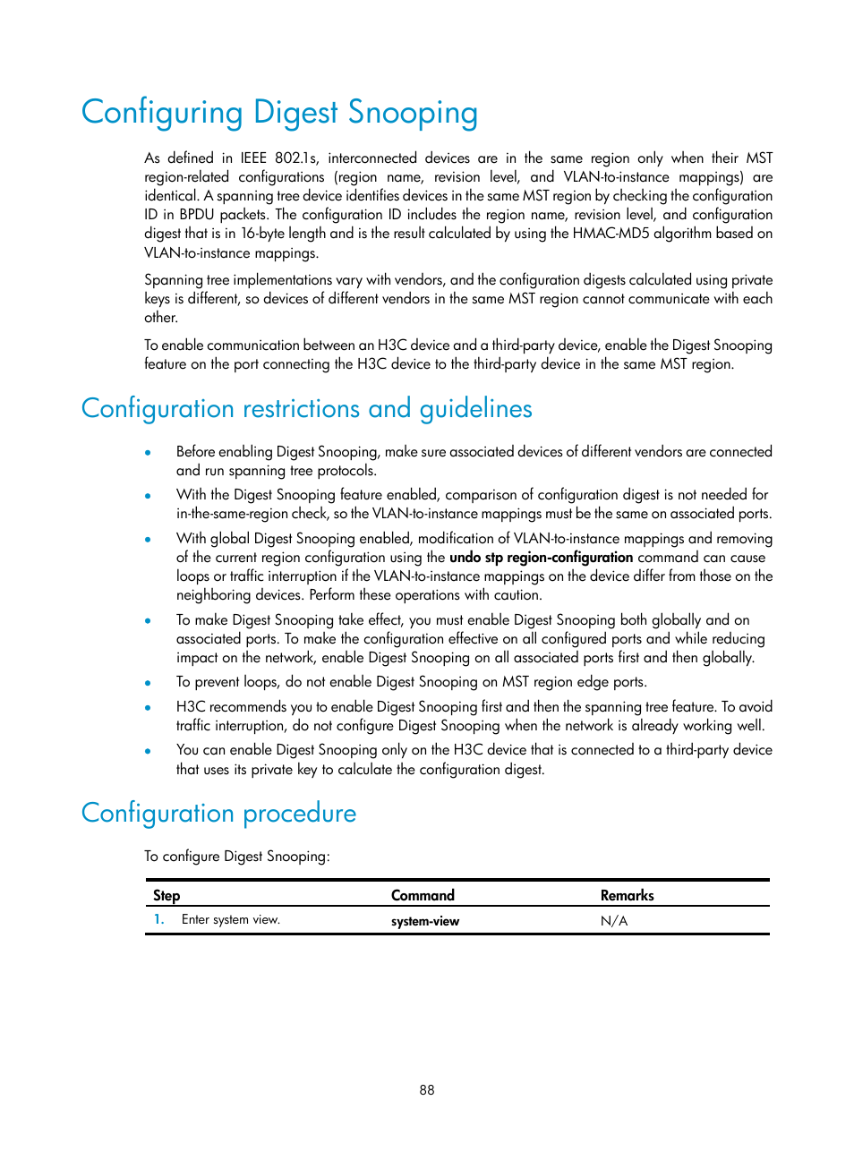 Configuring digest snooping, Configuration restrictions and guidelines, Configuration procedure | H3C Technologies H3C S12500 Series Switches User Manual | Page 101 / 270