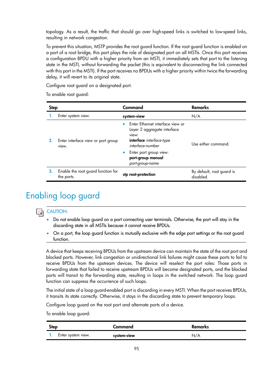 Enabling loop guard | H3C Technologies H3C S12500 Series Switches User Manual | Page 108 / 270