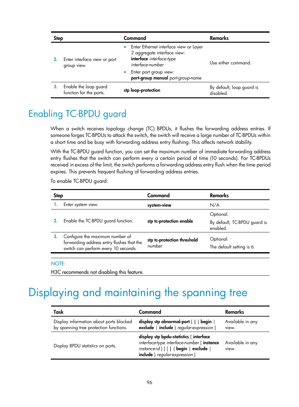 Enabling tc-bpdu guard, Displaying and maintaining the spanning tree | H3C Technologies H3C S12500 Series Switches User Manual | Page 109 / 270