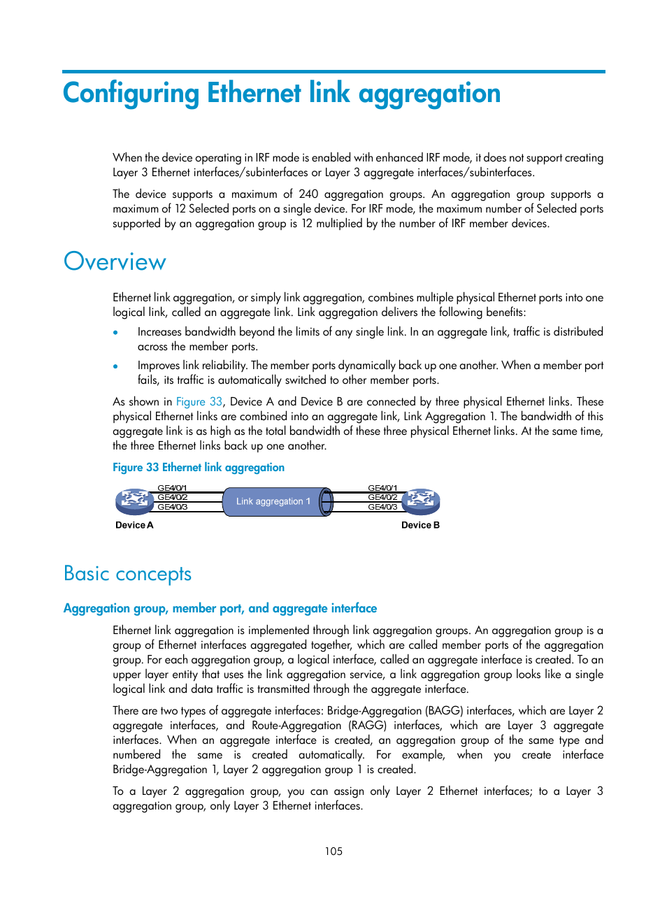 Configuring ethernet link aggregation, Overview, Basic concepts | See "configuring ethernet link aggregation | H3C Technologies H3C S12500 Series Switches User Manual | Page 118 / 270